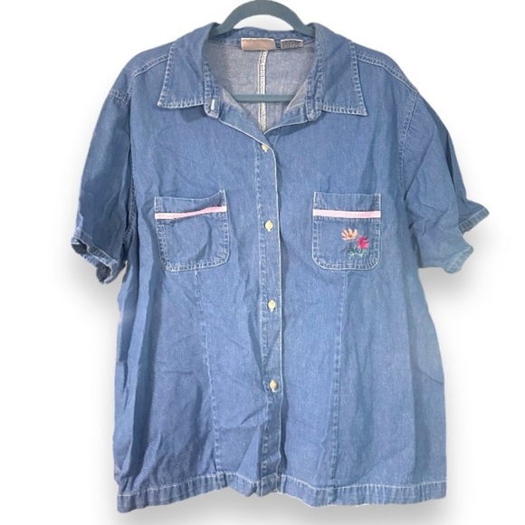Vintage Bill Blass Flower Embroidered Chambray Short Sleeve Shirt Plus Size 2X - Picture 1 of 15